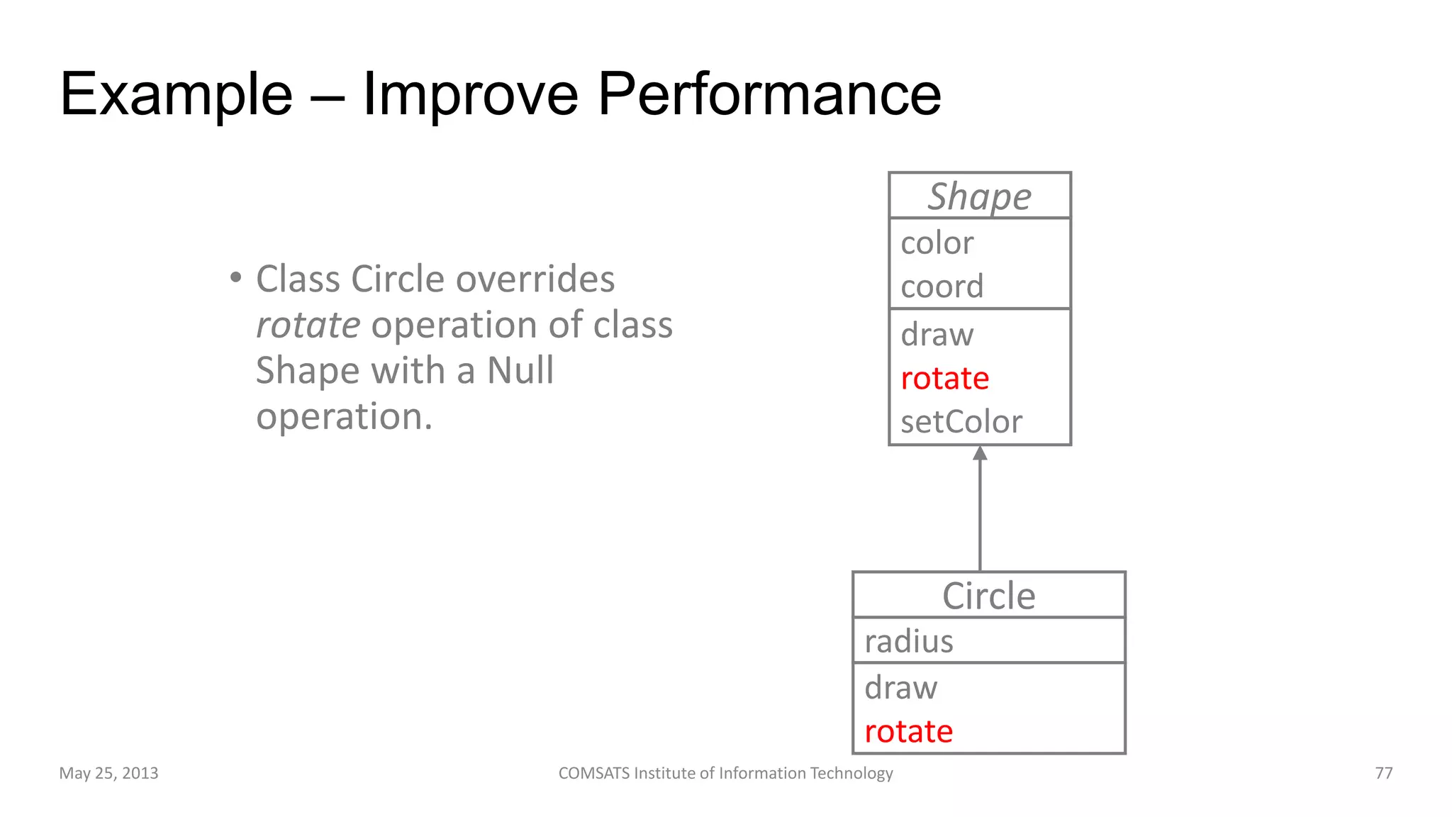 Example – Improve Performance
• Class Circle overrides
rotate operation of class
Shape with a Null
operation.
May 25, 2013 COMSATS Institute of Information Technology 77
Shape
color
coord
draw
rotate
setColor
Circle
radius
draw
rotate
 