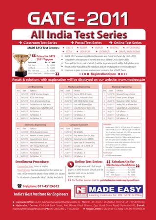 All India Test SeriesAll India Test Series
Postal Test Series Online Test Series
Result & solutions with explanation will be displayed on our website: www.madeeasy.in
Registration Open
Classroom Test Series
Civil Engineering
Test Date Syllabus
1. 12/12/10 SOM & Structural Analysis
2. 19/12/10 RCC & Steel Design
3. 26/12/10 Enviro.&TransportationEngg.
4. 02/01/11 Soil Mechanics & Fluid Mech.
5. 09/01/11 Irrigation,Survey,Hydro,Maths&GA
6. 16/01/11 Full Syllabus : I
7. 23/01/11 Full Syllabus : II
8. 30/01/11 Full Syllabus : III
Electronics Engineering
Test Date Syllabus
1. 12/12/10 EDC & Analog Electronics
2. 19/12/10 Network & Control Systems
3. 26/12/10 Signals & Comm. System
4. 02/01/11 Digital Electronics & µp
5. 09/01/11 EMT & Engg. Maths & GA
6. 16/01/11 Full Syllabus : I
7. 23/01/11 Full Syllabus : II
8. 30/01/11 Full Syllabus : III
Mechanical Engineering
Test Date Syllabus
1. 12/12/10 Thermo, RAC & IC Engine
2. 19/12/10 Mat. Sc., Industrial & Prod.
3. 26/12/10 SOM,TOM&MachineDesign
4. 02/01/11 Fluid, HMT & Power Plant
5. 09/01/11 Engg. Mechanics, Maths & GA
6. 16/01/11 Full Syllabus : I
7. 23/01/11 Full Syllabus : II
8. 30/01/11 Full Syllabus : III
Computer Science/IT
Test Date Syllabus
1. 12/12/10 TOC & Maths
2. 19/12/10 Prog. Method, Data Str., Algo
3. 26/12/10 Operating Systems & DBMS
4. 02/01/11 Digital Logic & Computer Org
5. 09/01/11 Compiler, CN, SE,WT & GA
6. 16/01/11 Full Syllabus : I
7. 23/01/11 Full Syllabus : II
8. 30/01/11 Full Syllabus : III
Electrical Engineering
Test Date Syllabus
1. 12/12/10 NetworkTheory & Control
2. 19/12/10 Power Systems & Digital
3. 26/12/10 Measurement&Elect.Machines
4. 02/01/11 Analog,EMT,µp&PowerElect.
5. 09/01/11 Signal,Maths&GeneralAptitude
6. 16/01/11 Full Syllabus : I
7. 23/01/11 Full Syllabus : II
8. 30/01/11 Full Syllabus : III
Instructions:
1.	 Question papers of Test:1 to Test 5 will consist of 35 questions of
maximum marks 55. Q.1 to 15 will carry 1 mark each while Q.No.
16 to 35 will carry 2 marks each. Q.32 & Q.33 are common data
questionswhileQ.34&Q.35arelinkedquestions.
2.	 Question papers ofTest-6,Test-7 &Test-8 will be exactly based on
GATE-2011patternbasedonfullsyllabus(100marks).
3.	 Test timing and venue will be mentioned in the HALL TICKET
which will be issued to the candidates.
4.	 Therewillbe1/3rd
negativemarkforeachwronganswer.
5.	 Useofnon-programmablecalculatorispermitted.
Fee Structure:
1.	 Rs.2500forexternalcandidates.
Enrollment Procedure:
Classroom Test Series: Contact at helpline.
Postal Test Series: Download application form from website and
make aDD(asmentionedinwebsite)infavourofMADEEASY Education
Pvt.Ltd.andsendittoCorporateoffice: 44-A/1,KaluSarai,NewDelhi-16.
   Online Test Series:
   10 Topicwise and 5 full length
papers at 20% discount [Details will be
updated soon on our website:
www.madeeasy.in]
 For further queries mail to: gatetestseries.madeeasy@gmail.com
  Scholarship for
Meritorious Candidates
1st Topper-----------------Rs.10,000
2nd Topper----------------Rs. 8,000
3rd Topper-----------------Rs. 5,000
4th - 10th Topper----------Rs. 3,000
In all branches based on overall performance
     Prizes for GATE
      2011 Toppers
1st Rank...................Rs.1.5 Lakh
2nd Rank........................Rs. 50,000
3rd Rank.........................Rs. 25,000
4th-10th Rank................Rs. 10,000
10th-100th Rank......Gift Vouchures
Helpline: 011-45124612
  CorporateOffice:44-A/1,KaluSarai(SarvapriyaVihar)NewDelhi-16;  Ph: 011-45124612, 26560862, 9810541651, 9958995830;
  Hyderabad Centre: #5-1-744 Bank Street, Koti (Above Khadi Bhavan, Opp. Hotel Sitara Royal) Hyderabad-95; E-mail:
madeeasyhyderabad@gmail.com;Ph:040-20032005,0-9160002324    Noida Centre: D-28,Sector-63,Noida(UP),Ph:9958995830
	 MADE EASY announces All India Classroom and PostalTest Series for GATE-2011.
	 The pattern and standard of the test will be as per the GATE Examination.
	 There will be 8 tests, out of which 5 will be topicwise and 3 will be full syllabus tests.
	 ResultswillbeevaluatedonAllIndiaBasisandwillbedisplayedonwww.madeeasy.in
	 Emphasis is given to create environment similar to that of GATE Exam.
  Delhi   Noida   Jaipur   Bhopal   Hyderabad
      Kota   udaipur    jodhpur    sikar/jhunjhunu
MADE EASYTest Centres:   
 