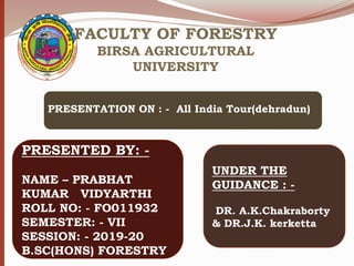 PRESENTED BY: -
NAME – PRABHAT
KUMAR VIDYARTHI
ROLL NO: - FO011932
SEMESTER: - VII
SESSION: - 2019-20
B.SC(HONS) FORESTRY
UNDER THE
GUIDANCE : -
DR. A.K.Chakraborty
& DR.J.K. kerketta
FACULTY OF FORESTRY
BIRSA AGRICULTURAL
UNIVERSITY
PRESENTATION ON : - All India Tour(dehradun)
 