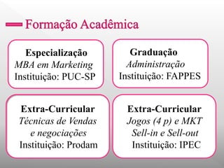 Especialização 
MBA em Marketing 
Instituição: PUC-SP 
Graduação 
Administração 
Instituição: FAPPES 
Extra-Curricular 
Técnicas de Vendas 
e negociações 
Instituição: Prodam 
Extra-Curricular 
Jogos (4 p) e MKT 
Sell-in e Sell-out 
Instituição: IPEC  