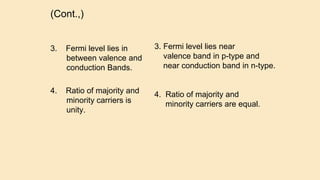 (Cont.,)
3. Fermi level lies in
between valence and
conduction Bands.
4. Ratio of majority and
minority carriers is
unity.
3. Fermi level lies near
valence band in p-type and
near conduction band in n-type.
4. Ratio of majority and
minority carriers are equal.
 
