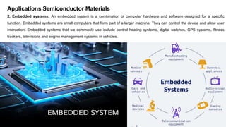 Applications Semiconductor Materials
2. Embedded systems: An embedded system is a combination of computer hardware and software designed for a specific
function. Embedded systems are small computers that form part of a larger machine. They can control the device and allow user
interaction. Embedded systems that we commonly use include central heating systems, digital watches, GPS systems, fitness
trackers, televisions and engine management systems in vehicles.
 
