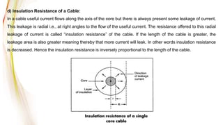 d) Insulation Resistance of a Cable:
In a cable useful current flows along the axis of the core but there is always present some leakage of current.
This leakage is radial i.e., at right angles to the flow of the useful current. The resistance offered to this radial
leakage of current is called “insulation resistance” of the cable. If the length of the cable is greater, the
leakage area is also greater meaning thereby that more current will leak. In other words insulation resistance
is decreased. Hence the insulation resistance is inversely proportional to the length of the cable.
 