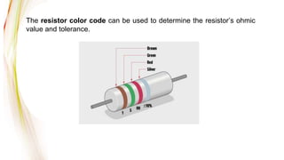 The resistor color code can be used to determine the resistor’s ohmic
value and tolerance.
 