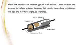 Metal film resistors are another type of fixed resistor. These resistors are
superior to carbon resistors because their ohmic value does not change
with age and they have improved tolerance.
 