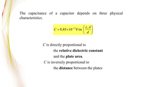 The capacitance of a capacitor depends on three physical
characteristics.
12
8.85 10 F/m r A
C
d

  
   
 
C is directly proportional to
and the plate area.
the relative dielectric constant
C is inversely proportional to
the distance between the plates
 