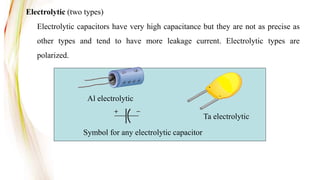 Electrolytic (two types)
Symbol for any electrolytic capacitor
Al electrolytic
+
_
Ta electrolytic
Electrolytic capacitors have very high capacitance but they are not as precise as
other types and tend to have more leakage current. Electrolytic types are
polarized.
 