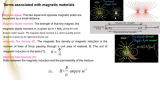 i.e. H=
B
ampere m
1
Magnetic dipole: The two equal and opposite magnetic poles are
separated by a small distance.
Magnetic dipole moment: The strength of that tiny magnet, the
magnetic dipole moment m, is given by m = NIA, giving the units
Ampere meter square. The magnetic dipole moment is a vector quantity and its
direction is given by the right-hand thumb rule.
magnetic flux density (B): The magnetic flux density or magnetic induction is the
number of lines of force passing through a unit area of material, B. The unit of
magnetic induction is the tesla (T).
Magnetic field Intensity (H):
Ratio between the magnetic induction and the permeability of the medium
Terms associated with magnetic materials
 