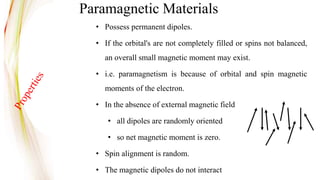 Paramagnetic Materials
• Possess permanent dipoles.
• If the orbital's are not completely filled or spins not balanced,
an overall small magnetic moment may exist.
• i.e. paramagnetism is because of orbital and spin magnetic
moments of the electron.
• In the absence of external magnetic field
• all dipoles are randomly oriented
• so net magnetic moment is zero.
• Spin alignment is random.
• The magnetic dipoles do not interact
 