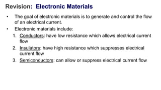 Revision: Electronic Materials
• The goal of electronic materials is to generate and control the flow
of an electrical current.
• Electronic materials include:
1. Conductors: have low resistance which allows electrical current
flow
2. Insulators: have high resistance which suppresses electrical
current flow
3. Semiconductors: can allow or suppress electrical current flow
 