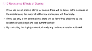 1.10 Resistance Effects of Doping
• If you use lots of arsenic atoms for doping, there will be lots of extra electrons so
the resistance of the material will be low and current will flow freely.
• If you use only a few boron atoms, there will be fewer free electrons so the
resistance will be high and less current will flow.
• By controlling the doping amount, virtually any resistance can be achieved.
 