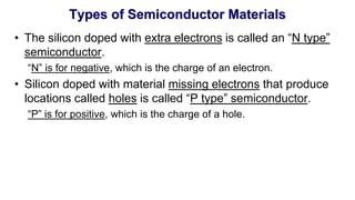 Types of Semiconductor Materials
• The silicon doped with extra electrons is called an “N type”
semiconductor.
“N” is for negative, which is the charge of an electron.
• Silicon doped with material missing electrons that produce
locations called holes is called “P type” semiconductor.
“P” is for positive, which is the charge of a hole.
 