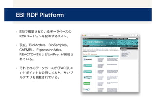 EBI RDF Platform
• EBIで構築されているデータベースの
RDFバージョンを配布するサイト。
• 現在、BioModels、BioSamples、
ChEMBL、ExpressionAtlas、
REACTOMEおよびUniProt が掲載さ
れている。
• それぞれのデータベースがSPARQLエ
ンドポイントを公開しており、サンプ
ルクエリも掲載されている。
 