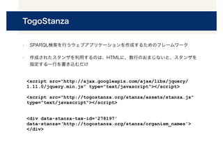 TogoStanza
• SPARQL検索を行うウェブアプリケーションを作成するためのフレームワーク
• 作成されたスタンザを利用するのは、HTMLに、数行のおまじないと、スタンザを
指定する一行を書き込むだけ
<script src="http://ajax.googleapis.com/ajax/libs/jquery/
1.11.0/jquery.min.js" type="text/javascript"></script>
<script src="http://togostanza.org/stanza/assets/stanza.js"
type="text/javascript"></script>
<div data-stanza-tax-id='278197'
data-stanza=‘http://togostanza.org/stanza/organism_names'>
</div>
 
