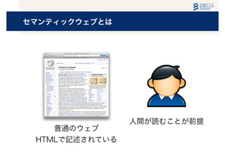 セマンティックウェブとは
普通のウェブ
HTMLで記述されている
人間が読むことが前提
 