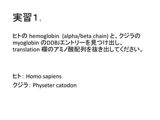 実習１．
ヒトの hemoglobin (alpha/beta chain) と、クジラの
myoglobin のDDBJエントリーを見つけ出し、
translation 欄のアミノ酸配列を抜き出してください。
ヒト： Homo sapiens
クジラ： Physeter catodon
 
