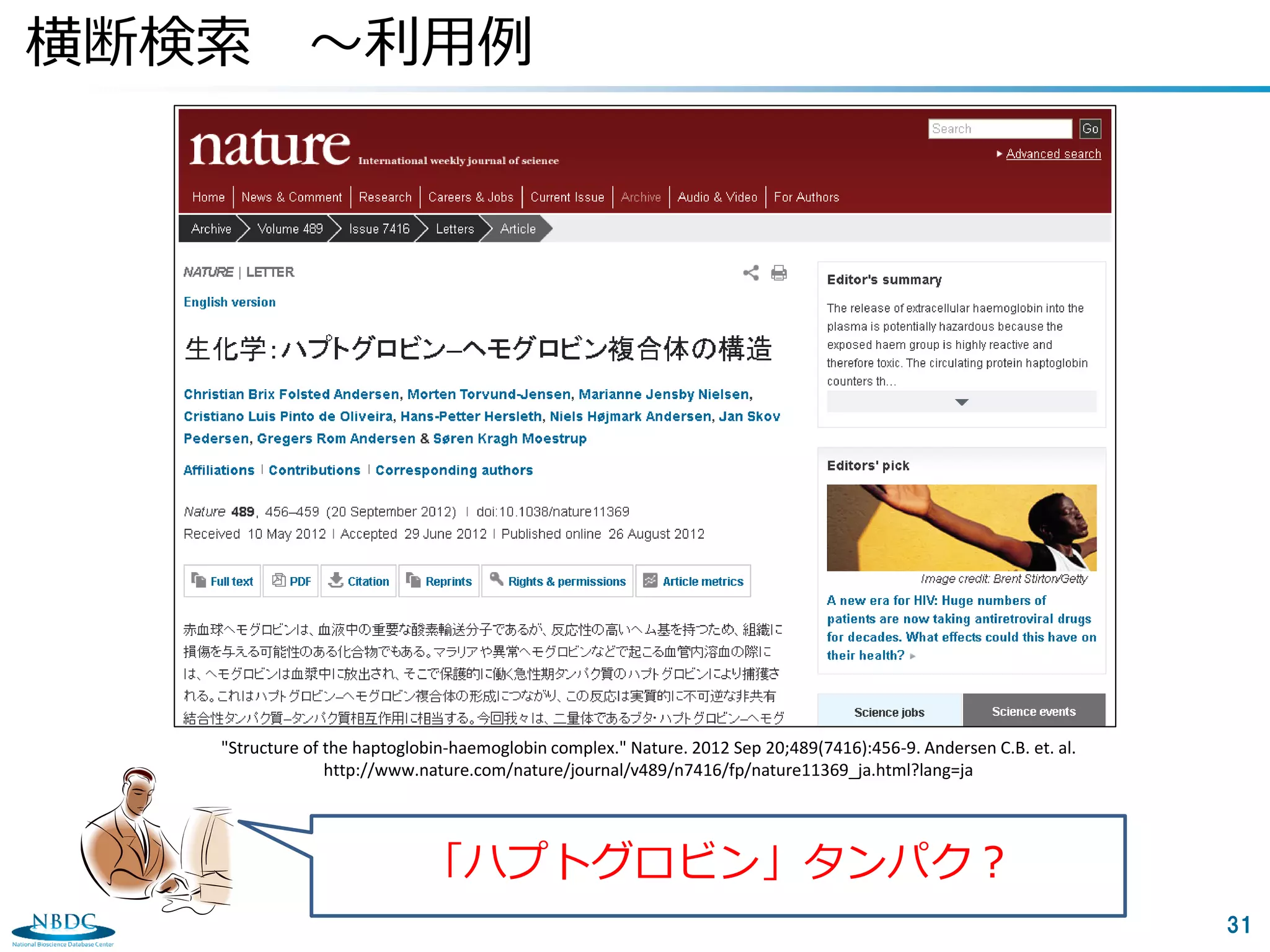 31
横断検索 ～利用例
「ハプトグロビン」タンパク？
"Structure of the haptoglobin-haemoglobin complex." Nature. 2012 Sep 20;489(7416):456-9. Andersen C.B. et. al.
http://www.nature.com/nature/journal/v489/n7416/fp/nature11369_ja.html?lang=ja
 