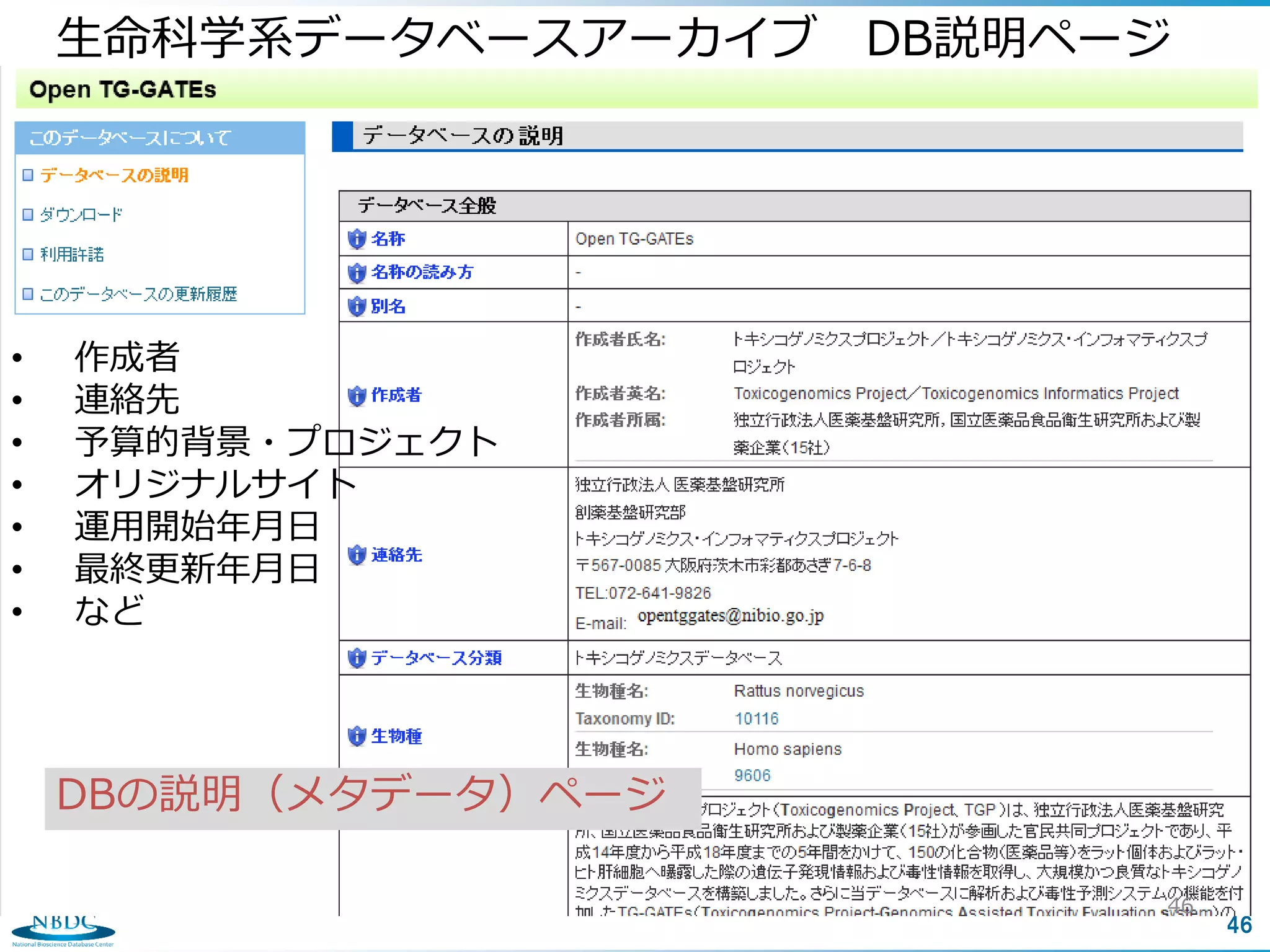 46
生命科学系データベースアーカイブ DB説明ページ
DBの説明（メタデータ）ページ
• 作成者
• 連絡先
• 予算的背景・プロジェクト
• オリジナルサイト
• 運用開始年月日
• 最終更新年月日
• など
46
 