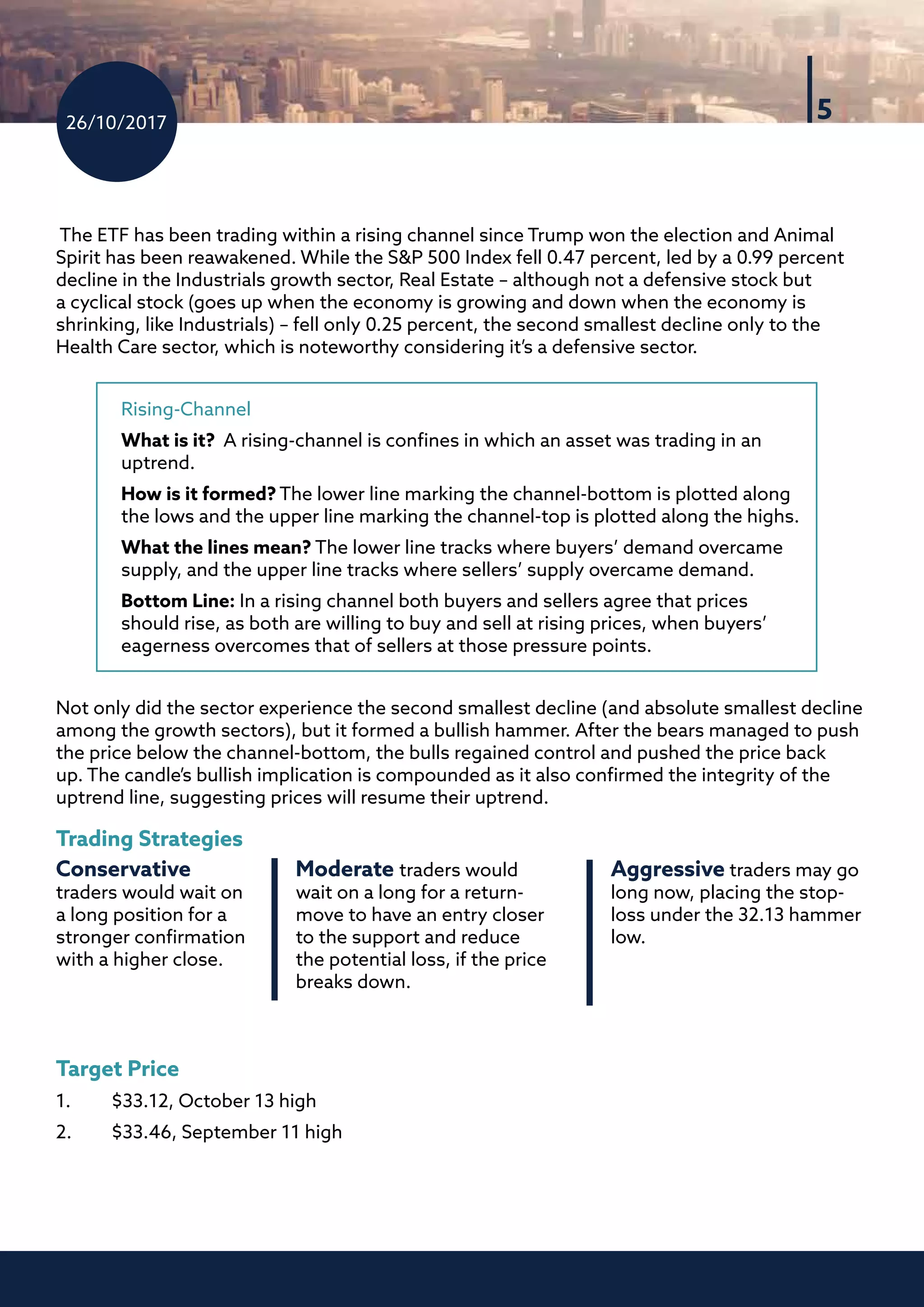 26/10/2017
5
The ETF has been trading within a rising channel since Trump won the election and Animal
Spirit has been reawakened. While the S&P 500 Index fell 0.47 percent, led by a 0.99 percent
decline in the Industrials growth sector, Real Estate – although not a defensive stock but
a cyclical stock (goes up when the economy is growing and down when the economy is
shrinking, like Industrials) – fell only 0.25 percent, the second smallest decline only to the
Health Care sector, which is noteworthy considering it’s a defensive sector.
Rising-Channel
What is it?	 A rising-channel is confines in which an asset was trading in an
uptrend.
How is it formed?	The lower line marking the channel-bottom is plotted along
the lows and the upper line marking the channel-top is plotted along the highs.
What the lines mean? The lower line tracks where buyers’ demand overcame
supply, and the upper line tracks where sellers’ supply overcame demand.
Bottom Line: In a rising channel both buyers and sellers agree that prices
should rise, as both are willing to buy and sell at rising prices, when buyers’
eagerness overcomes that of sellers at those pressure points.
Not only did the sector experience the second smallest decline (and absolute smallest decline
among the growth sectors), but it formed a bullish hammer. After the bears managed to push
the price below the channel-bottom, the bulls regained control and pushed the price back
up. The candle’s bullish implication is compounded as it also confirmed the integrity of the
uptrend line, suggesting prices will resume their uptrend.
Trading Strategies
Target Price
1.	 $33.12, October 13 high
2.	 $33.46, September 11 high
Conservative
traders would wait on
a long position for a
stronger confirmation
with a higher close.
Moderate traders would
wait on a long for a return-
move to have an entry closer
to the support and reduce
the potential loss, if the price
breaks down.
Aggressive traders may go
long now, placing the stop-
loss under the 32.13 hammer
low.
 