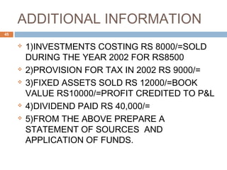 ADDITIONAL INFORMATION
 1)INVESTMENTS COSTING RS 8000/=SOLD
DURING THE YEAR 2002 FOR RS8500
 2)PROVISION FOR TAX IN 2002 RS 9000/=
 3)FIXED ASSETS SOLD RS 12000/=BOOK
VALUE RS10000/=PROFIT CREDITED TO P&L
 4)DIVIDEND PAID RS 40,000/=
 5)FROM THE ABOVE PREPARE A
STATEMENT OF SOURCES AND
APPLICATION OF FUNDS.
45
 