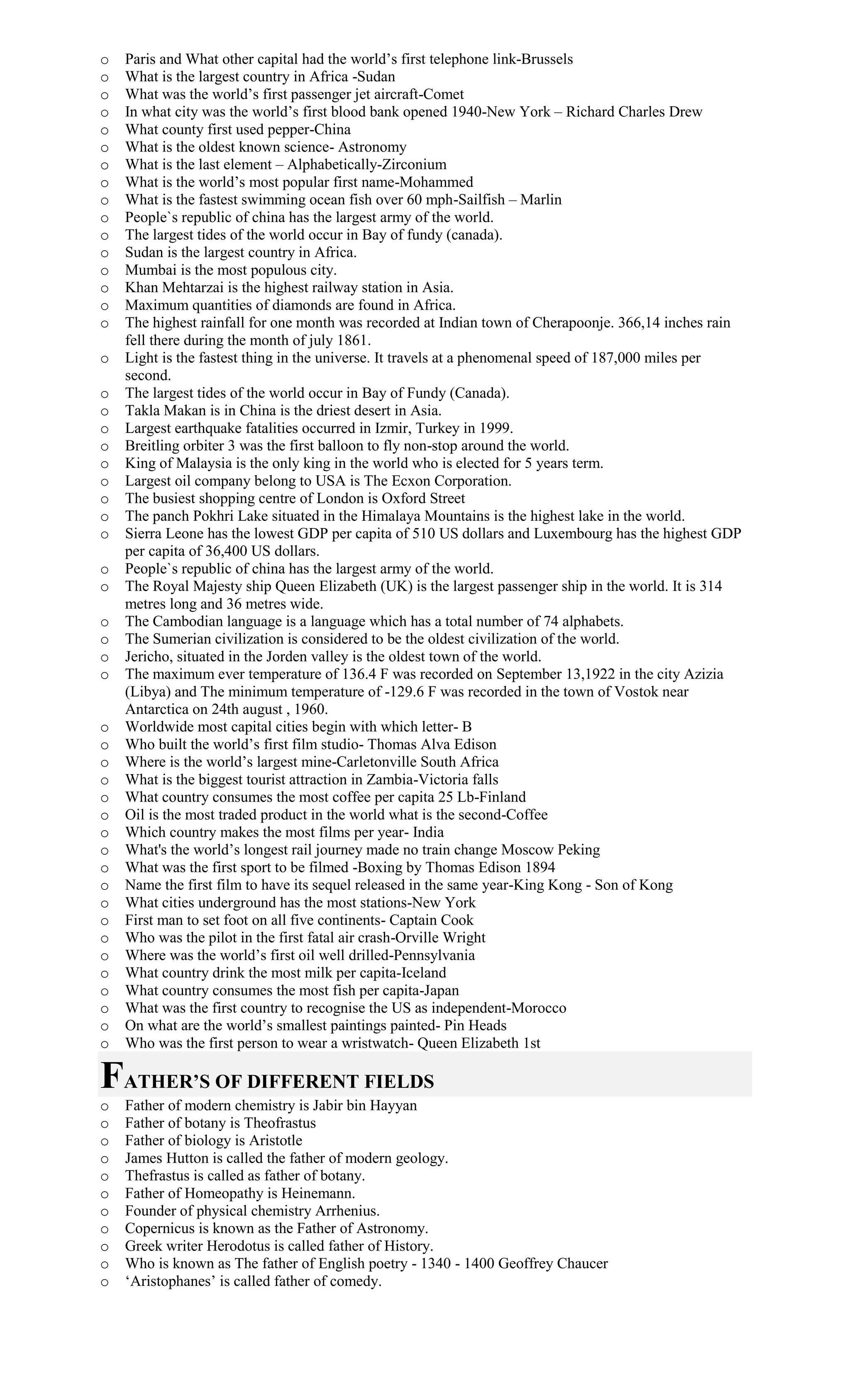 o Paris and What other capital had the world’s first telephone link-Brussels
o What is the largest country in Africa -Sudan
o What was the world’s first passenger jet aircraft-Comet
o In what city was the world’s first blood bank opened 1940-New York – Richard Charles Drew
o What county first used pepper-China
o What is the oldest known science- Astronomy
o What is the last element – Alphabetically-Zirconium
o What is the world’s most popular first name-Mohammed
o What is the fastest swimming ocean fish over 60 mph-Sailfish – Marlin
o People`s republic of china has the largest army of the world.
o The largest tides of the world occur in Bay of fundy (canada).
o Sudan is the largest country in Africa.
o Mumbai is the most populous city.
o Khan Mehtarzai is the highest railway station in Asia.
o Maximum quantities of diamonds are found in Africa.
o The highest rainfall for one month was recorded at Indian town of Cherapoonje. 366,14 inches rain
fell there during the month of july 1861.
o Light is the fastest thing in the universe. It travels at a phenomenal speed of 187,000 miles per
second.
o The largest tides of the world occur in Bay of Fundy (Canada).
o Takla Makan is in China is the driest desert in Asia.
o Largest earthquake fatalities occurred in Izmir, Turkey in 1999.
o Breitling orbiter 3 was the first balloon to fly non-stop around the world.
o King of Malaysia is the only king in the world who is elected for 5 years term.
o Largest oil company belong to USA is The Ecxon Corporation.
o The busiest shopping centre of London is Oxford Street
o The panch Pokhri Lake situated in the Himalaya Mountains is the highest lake in the world.
o Sierra Leone has the lowest GDP per capita of 510 US dollars and Luxembourg has the highest GDP
per capita of 36,400 US dollars.
o People`s republic of china has the largest army of the world.
o The Royal Majesty ship Queen Elizabeth (UK) is the largest passenger ship in the world. It is 314
metres long and 36 metres wide.
o The Cambodian language is a language which has a total number of 74 alphabets.
o The Sumerian civilization is considered to be the oldest civilization of the world.
o Jericho, situated in the Jorden valley is the oldest town of the world.
o The maximum ever temperature of 136.4 F was recorded on September 13,1922 in the city Azizia
(Libya) and The minimum temperature of -129.6 F was recorded in the town of Vostok near
Antarctica on 24th august , 1960.
o Worldwide most capital cities begin with which letter- B
o Who built the world’s first film studio- Thomas Alva Edison
o Where is the world’s largest mine-Carletonville South Africa
o What is the biggest tourist attraction in Zambia-Victoria falls
o What country consumes the most coffee per capita 25 Lb-Finland
o Oil is the most traded product in the world what is the second-Coffee
o Which country makes the most films per year- India
o What's the world’s longest rail journey made no train change Moscow Peking
o What was the first sport to be filmed -Boxing by Thomas Edison 1894
o Name the first film to have its sequel released in the same year-King Kong - Son of Kong
o What cities underground has the most stations-New York
o First man to set foot on all five continents- Captain Cook
o Who was the pilot in the first fatal air crash-Orville Wright
o Where was the world’s first oil well drilled-Pennsylvania
o What country drink the most milk per capita-Iceland
o What country consumes the most fish per capita-Japan
o What was the first country to recognise the US as independent-Morocco
o On what are the world’s smallest paintings painted- Pin Heads
o Who was the first person to wear a wristwatch- Queen Elizabeth 1st
FATHER’S OF DIFFERENT FIELDS
o Father of modern chemistry is Jabir bin Hayyan
o Father of botany is Theofrastus
o Father of biology is Aristotle
o James Hutton is called the father of modern geology.
o Thefrastus is called as father of botany.
o Father of Homeopathy is Heinemann.
o Founder of physical chemistry Arrhenius.
o Copernicus is known as the Father of Astronomy.
o Greek writer Herodotus is called father of History.
o Who is known as The father of English poetry - 1340 - 1400 Geoffrey Chaucer
o ‘Aristophanes’ is called father of comedy.
 