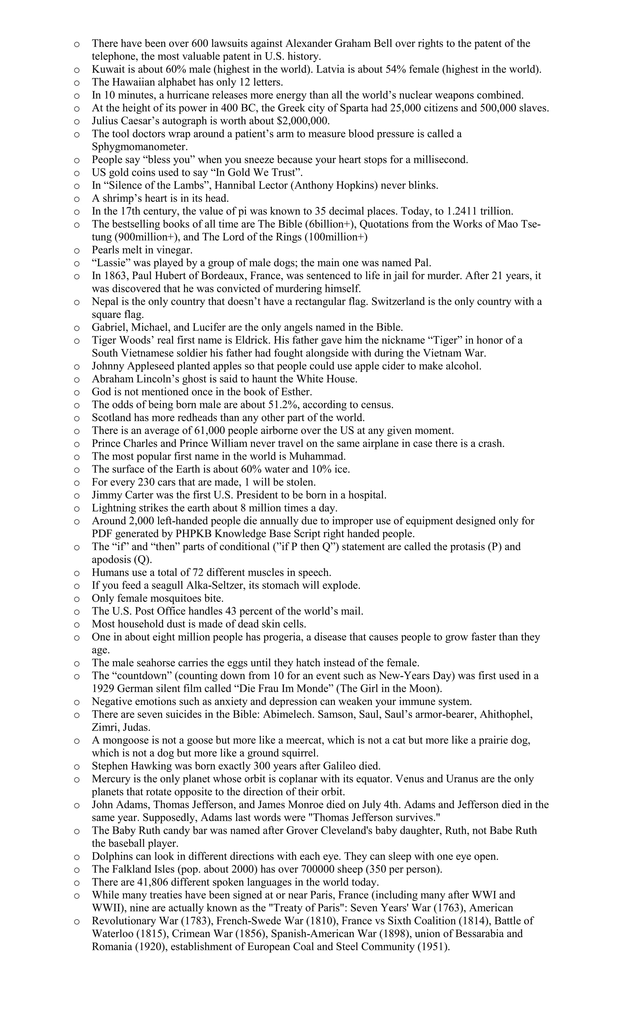 o There have been over 600 lawsuits against Alexander Graham Bell over rights to the patent of the
telephone, the most valuable patent in U.S. history.
o Kuwait is about 60% male (highest in the world). Latvia is about 54% female (highest in the world).
o The Hawaiian alphabet has only 12 letters.
o In 10 minutes, a hurricane releases more energy than all the world’s nuclear weapons combined.
o At the height of its power in 400 BC, the Greek city of Sparta had 25,000 citizens and 500,000 slaves.
o Julius Caesar’s autograph is worth about $2,000,000.
o The tool doctors wrap around a patient’s arm to measure blood pressure is called a
Sphygmomanometer.
o People say “bless you” when you sneeze because your heart stops for a millisecond.
o US gold coins used to say “In Gold We Trust”.
o In “Silence of the Lambs”, Hannibal Lector (Anthony Hopkins) never blinks.
o A shrimp’s heart is in its head.
o In the 17th century, the value of pi was known to 35 decimal places. Today, to 1.2411 trillion.
o The bestselling books of all time are The Bible (6billion+), Quotations from the Works of Mao Tse-
tung (900million+), and The Lord of the Rings (100million+)
o Pearls melt in vinegar.
o “Lassie” was played by a group of male dogs; the main one was named Pal.
o In 1863, Paul Hubert of Bordeaux, France, was sentenced to life in jail for murder. After 21 years, it
was discovered that he was convicted of murdering himself.
o Nepal is the only country that doesn’t have a rectangular flag. Switzerland is the only country with a
square flag.
o Gabriel, Michael, and Lucifer are the only angels named in the Bible.
o Tiger Woods’ real first name is Eldrick. His father gave him the nickname “Tiger” in honor of a
South Vietnamese soldier his father had fought alongside with during the Vietnam War.
o Johnny Appleseed planted apples so that people could use apple cider to make alcohol.
o Abraham Lincoln’s ghost is said to haunt the White House.
o God is not mentioned once in the book of Esther.
o The odds of being born male are about 51.2%, according to census.
o Scotland has more redheads than any other part of the world.
o There is an average of 61,000 people airborne over the US at any given moment.
o Prince Charles and Prince William never travel on the same airplane in case there is a crash.
o The most popular first name in the world is Muhammad.
o The surface of the Earth is about 60% water and 10% ice.
o For every 230 cars that are made, 1 will be stolen.
o Jimmy Carter was the first U.S. President to be born in a hospital.
o Lightning strikes the earth about 8 million times a day.
o Around 2,000 left-handed people die annually due to improper use of equipment designed only for
PDF generated by PHPKB Knowledge Base Script right handed people.
o The “if” and “then” parts of conditional (”if P then Q”) statement are called the protasis (P) and
apodosis (Q).
o Humans use a total of 72 different muscles in speech.
o If you feed a seagull Alka-Seltzer, its stomach will explode.
o Only female mosquitoes bite.
o The U.S. Post Office handles 43 percent of the world’s mail.
o Most household dust is made of dead skin cells.
o One in about eight million people has progeria, a disease that causes people to grow faster than they
age.
o The male seahorse carries the eggs until they hatch instead of the female.
o The “countdown” (counting down from 10 for an event such as New-Years Day) was first used in a
1929 German silent film called “Die Frau Im Monde” (The Girl in the Moon).
o Negative emotions such as anxiety and depression can weaken your immune system.
o There are seven suicides in the Bible: Abimelech. Samson, Saul, Saul’s armor-bearer, Ahithophel,
Zimri, Judas.
o A mongoose is not a goose but more like a meercat, which is not a cat but more like a prairie dog,
which is not a dog but more like a ground squirrel.
o Stephen Hawking was born exactly 300 years after Galileo died.
o Mercury is the only planet whose orbit is coplanar with its equator. Venus and Uranus are the only
planets that rotate opposite to the direction of their orbit.
o John Adams, Thomas Jefferson, and James Monroe died on July 4th. Adams and Jefferson died in the
same year. Supposedly, Adams last words were "Thomas Jefferson survives."
o The Baby Ruth candy bar was named after Grover Cleveland's baby daughter, Ruth, not Babe Ruth
the baseball player.
o Dolphins can look in different directions with each eye. They can sleep with one eye open.
o The Falkland Isles (pop. about 2000) has over 700000 sheep (350 per person).
o There are 41,806 different spoken languages in the world today.
o While many treaties have been signed at or near Paris, France (including many after WWI and
WWII), nine are actually known as the "Treaty of Paris": Seven Years' War (1763), American
o Revolutionary War (1783), French-Swede War (1810), France vs Sixth Coalition (1814), Battle of
Waterloo (1815), Crimean War (1856), Spanish-American War (1898), union of Bessarabia and
Romania (1920), establishment of European Coal and Steel Community (1951).
 