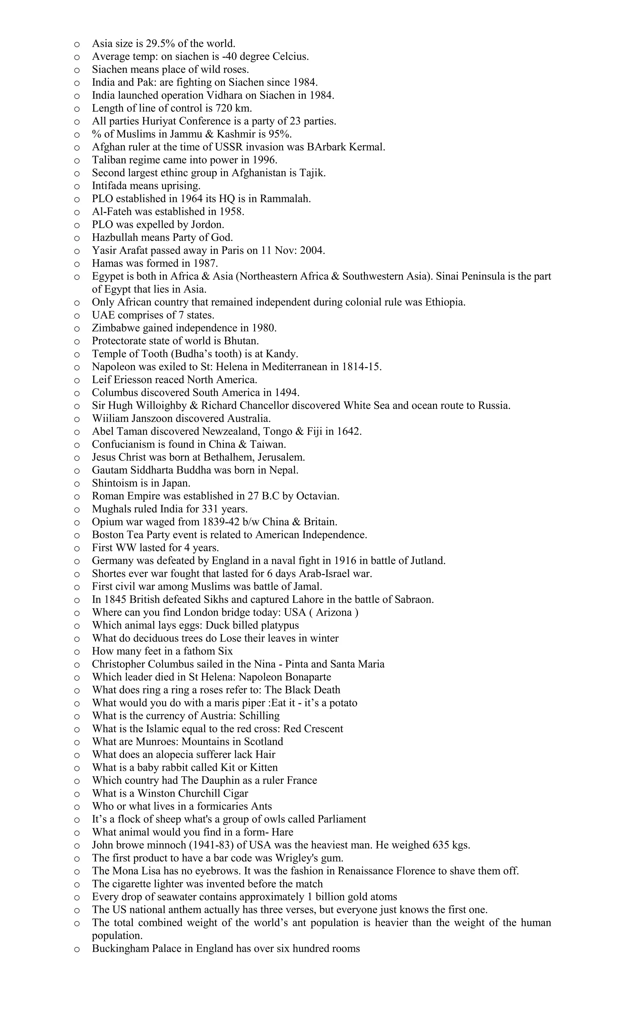 o Asia size is 29.5% of the world.
o Average temp: on siachen is -40 degree Celcius.
o Siachen means place of wild roses.
o India and Pak: are fighting on Siachen since 1984.
o India launched operation Vidhara on Siachen in 1984.
o Length of line of control is 720 km.
o All parties Huriyat Conference is a party of 23 parties.
o % of Muslims in Jammu & Kashmir is 95%.
o Afghan ruler at the time of USSR invasion was BArbark Kermal.
o Taliban regime came into power in 1996.
o Second largest ethinc group in Afghanistan is Tajik.
o Intifada means uprising.
o PLO established in 1964 its HQ is in Rammalah.
o Al-Fateh was established in 1958.
o PLO was expelled by Jordon.
o Hazbullah means Party of God.
o Yasir Arafat passed away in Paris on 11 Nov: 2004.
o Hamas was formed in 1987.
o Egypet is both in Africa & Asia (Northeastern Africa & Southwestern Asia). Sinai Peninsula is the part
of Egypt that lies in Asia.
o Only African country that remained independent during colonial rule was Ethiopia.
o UAE comprises of 7 states.
o Zimbabwe gained independence in 1980.
o Protectorate state of world is Bhutan.
o Temple of Tooth (Budha’s tooth) is at Kandy.
o Napoleon was exiled to St: Helena in Mediterranean in 1814-15.
o Leif Eriesson reaced North America.
o Columbus discovered South America in 1494.
o Sir Hugh Willoighby & Richard Chancellor discovered White Sea and ocean route to Russia.
o Wiiliam Janszoon discovered Australia.
o Abel Taman discovered Newzealand, Tongo & Fiji in 1642.
o Confucianism is found in China & Taiwan.
o Jesus Christ was born at Bethalhem, Jerusalem.
o Gautam Siddharta Buddha was born in Nepal.
o Shintoism is in Japan.
o Roman Empire was established in 27 B.C by Octavian.
o Mughals ruled India for 331 years.
o Opium war waged from 1839-42 b/w China & Britain.
o Boston Tea Party event is related to American Independence.
o First WW lasted for 4 years.
o Germany was defeated by England in a naval fight in 1916 in battle of Jutland.
o Shortes ever war fought that lasted for 6 days Arab-Israel war.
o First civil war among Muslims was battle of Jamal.
o In 1845 British defeated Sikhs and captured Lahore in the battle of Sabraon.
o Where can you find London bridge today: USA ( Arizona )
o Which animal lays eggs: Duck billed platypus
o What do deciduous trees do Lose their leaves in winter
o How many feet in a fathom Six
o Christopher Columbus sailed in the Nina - Pinta and Santa Maria
o Which leader died in St Helena: Napoleon Bonaparte
o What does ring a ring a roses refer to: The Black Death
o What would you do with a maris piper :Eat it - it’s a potato
o What is the currency of Austria: Schilling
o What is the Islamic equal to the red cross: Red Crescent
o What are Munroes: Mountains in Scotland
o What does an alopecia sufferer lack Hair
o What is a baby rabbit called Kit or Kitten
o Which country had The Dauphin as a ruler France
o What is a Winston Churchill Cigar
o Who or what lives in a formicaries Ants
o It’s a flock of sheep what's a group of owls called Parliament
o What animal would you find in a form- Hare
o John browe minnoch (1941-83) of USA was the heaviest man. He weighed 635 kgs.
o The first product to have a bar code was Wrigley's gum.
o The Mona Lisa has no eyebrows. It was the fashion in Renaissance Florence to shave them off.
o The cigarette lighter was invented before the match
o Every drop of seawater contains approximately 1 billion gold atoms
o The US national anthem actually has three verses, but everyone just knows the first one.
o The total combined weight of the world’s ant population is heavier than the weight of the human
population.
o Buckingham Palace in England has over six hundred rooms
 