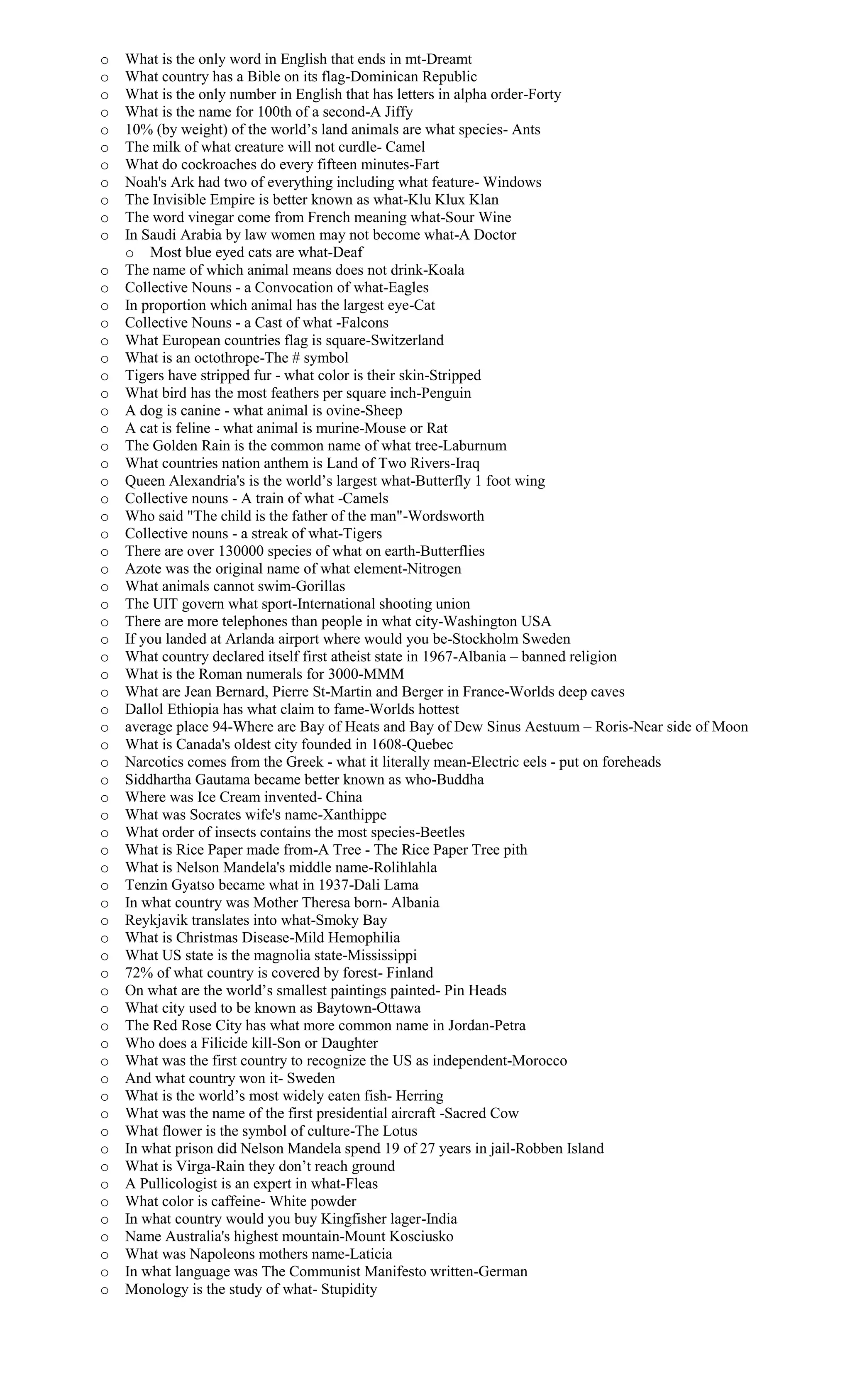 o What is the only word in English that ends in mt-Dreamt
o What country has a Bible on its flag-Dominican Republic
o What is the only number in English that has letters in alpha order-Forty
o What is the name for 100th of a second-A Jiffy
o 10% (by weight) of the world’s land animals are what species- Ants
o The milk of what creature will not curdle- Camel
o What do cockroaches do every fifteen minutes-Fart
o Noah's Ark had two of everything including what feature- Windows
o The Invisible Empire is better known as what-Klu Klux Klan
o The word vinegar come from French meaning what-Sour Wine
o In Saudi Arabia by law women may not become what-A Doctor
o Most blue eyed cats are what-Deaf
o The name of which animal means does not drink-Koala
o Collective Nouns - a Convocation of what-Eagles
o In proportion which animal has the largest eye-Cat
o Collective Nouns - a Cast of what -Falcons
o What European countries flag is square-Switzerland
o What is an octothrope-The # symbol
o Tigers have stripped fur - what color is their skin-Stripped
o What bird has the most feathers per square inch-Penguin
o A dog is canine - what animal is ovine-Sheep
o A cat is feline - what animal is murine-Mouse or Rat
o The Golden Rain is the common name of what tree-Laburnum
o What countries nation anthem is Land of Two Rivers-Iraq
o Queen Alexandria's is the world’s largest what-Butterfly 1 foot wing
o Collective nouns - A train of what -Camels
o Who said "The child is the father of the man"-Wordsworth
o Collective nouns - a streak of what-Tigers
o There are over 130000 species of what on earth-Butterflies
o Azote was the original name of what element-Nitrogen
o What animals cannot swim-Gorillas
o The UIT govern what sport-International shooting union
o There are more telephones than people in what city-Washington USA
o If you landed at Arlanda airport where would you be-Stockholm Sweden
o What country declared itself first atheist state in 1967-Albania – banned religion
o What is the Roman numerals for 3000-MMM
o What are Jean Bernard, Pierre St-Martin and Berger in France-Worlds deep caves
o Dallol Ethiopia has what claim to fame-Worlds hottest
o average place 94-Where are Bay of Heats and Bay of Dew Sinus Aestuum – Roris-Near side of Moon
o What is Canada's oldest city founded in 1608-Quebec
o Narcotics comes from the Greek - what it literally mean-Electric eels - put on foreheads
o Siddhartha Gautama became better known as who-Buddha
o Where was Ice Cream invented- China
o What was Socrates wife's name-Xanthippe
o What order of insects contains the most species-Beetles
o What is Rice Paper made from-A Tree - The Rice Paper Tree pith
o What is Nelson Mandela's middle name-Rolihlahla
o Tenzin Gyatso became what in 1937-Dali Lama
o In what country was Mother Theresa born- Albania
o Reykjavik translates into what-Smoky Bay
o What is Christmas Disease-Mild Hemophilia
o What US state is the magnolia state-Mississippi
o 72% of what country is covered by forest- Finland
o On what are the world’s smallest paintings painted- Pin Heads
o What city used to be known as Baytown-Ottawa
o The Red Rose City has what more common name in Jordan-Petra
o Who does a Filicide kill-Son or Daughter
o What was the first country to recognize the US as independent-Morocco
o And what country won it- Sweden
o What is the world’s most widely eaten fish- Herring
o What was the name of the first presidential aircraft -Sacred Cow
o What flower is the symbol of culture-The Lotus
o In what prison did Nelson Mandela spend 19 of 27 years in jail-Robben Island
o What is Virga-Rain they don’t reach ground
o A Pullicologist is an expert in what-Fleas
o What color is caffeine- White powder
o In what country would you buy Kingfisher lager-India
o Name Australia's highest mountain-Mount Kosciusko
o What was Napoleons mothers name-Laticia
o In what language was The Communist Manifesto written-German
o Monology is the study of what- Stupidity
 