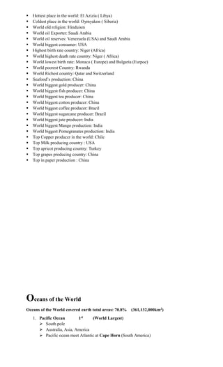  Hottest place in the world: El Azizia ( Libya)
 Coldest place in the world: Oymyakon ( Siberia)
 World old religion: Hinduism
 World oil Exporter: Saudi Arabia
 World oil reserves: Venezuela (USA) and Saudi Arabia
 World biggest consumer: USA
 Highest birth rate country: Niger (Africa)
 World highest death rate country: Niger ( Africa)
 World lowest birth rate: Monaco ( Europe) and Bulgaria (Eurpoe)
 World poorest Country: Rwanda
 World Richest country: Qatar and Switzerland
 Seafood’s production: China
 World biggest gold producer: China
 World biggest fish producer: China
 World biggest tea producer: China
 World biggest cotton producer: China
 World biggest coffee producer: Brazil
 World biggest sugarcane producer: Brazil
 World biggest jute producer: India
 World biggest Mango production: India
 World biggest Pomegranates production: India
 Top Copper producer in the world: Chile
 Top Milk producing country : USA
 Top apricot producing country: Turkey
 Top grapes producing country: China
 Top in paper production : China
Oceans of the World
Oceans of the World covered earth total areas: 70.8% (361,132,000km2)
1. Pacific Ocean 1st (World Largest)
 South pole
 Australia, Asia, America
 Pacific ocean meet Atlantic at Cape Horn (South America)
 