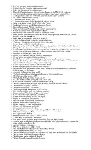 o USA has the largest production of aluminium.
o Rainfall related to mountains is Orographic rainfall.
o Lakes give the source of terrestrial moisture.
o Bangladesh has a dispute over the construction of a dam on Naaf River with Myanmar.
o A large coral reef containing islands encompassing a sea water lagoon is named Atoll.
o The largest basins in the face of the earth are oceans. Basin is a low land area.
o Sri Lanka is not a landlocked country.
o The thinnest earth layer is Crust.
o The name of the second highest African peak is Mount Kenya.
o Name of the second largest river of Africa is The Congo.
o Sundarbans Forests are world’s largest mangrove forests.
o Khunjra Pass connects Pakistan with China.
o Water source beneath the earth flowing naturally is called spring.
o Canada leads in the world in production of asbestos.
o Bachendri Pal is the first Indian woman to scale Mount Everst.
o Borge Ousland is a Norwegian explorer. He became the first person to walk across the Antarctic
continent alone and unsupported.
o Brazil is the largest producer of coffee in the world.
o Chile is the largest copper producing country in the world.
o The country where death rate is lowest in the world is Japan.
o Largest Ginger producing nation is Indonesia.
o Lithuania was the first Soviet Republic of the former Soviet Union which declared itself independent.
o Madagaskar is the largest island in the Indian Ocean.
o Ferdinand Magellan commanded the first expedition in 15190 to sail round the world and discovered
passage to the Pacific from the Atlantic. He proved that the shape of the earth is round.
o India leads in export of Mica in the world.
o Longest Optical Fibre is between Singapore and Marseilles.
o Dr. Ian Wilmut is credited with first cloned sheep.
o New Zealand was the first country to propose Carbon Tax to address global warming.
o Suez Canal is the largest ship canal in the world. It joins Red Sea with Mediterranean Sea. The plan
of the Suez Canal was conceived by Ferdinand de Lesseps.
o Largest sugar producing country is India second is Brazil.
o Cuba is the highest producer of sugarcane in the world.
o In November 2005, Africa’s first woman head of state was elected in Mozambique. Her name is
Luisa Diogo of FELIMO party.
o Amazon is the largest river of the world.
o The North Atlantic Route is the largest and busiest of the ocean trade routes.
o Most Subways in the country.. USA
o What city has the longest metro system: London
o USA has most roads what country has second most: India
o China started Civil Service Examination first of all in 6 A.D.
o Which of the following is the largest sugar producing country in the world? Brazil
o World’s oldest regligionis Hinduism.
o World’s largest religion is Christianity.
o World’s second most populous city is Mexico City.
o First to sail around the world was Ferdinand Magallan
o Largest number of Palestinian refugees are in Jordan.
o Kazakistan is the largest country in Central Asia.
o Largest landlocked country in world is Mangolia.
o Biggest oil refinery is at Abadan (Iran).
o Detroit (USA) is famous for car manufacturing.
o Glasgow is biggest ship building centre.
o Havana is famous for cigar manufacturing.
o Europe’s only Islamic state is Albania.
o Newzealand is close to Int: Date Line.
o In which city there is the largest stock exchange of the world? New York.
o Oldest Search Engine is ... Yahoo
o Bird largest in size... Ostrich
o Oldest parliament in the world--- Althing (Iceland)
o The last King of Afghanistan... Zahir Shah
o First person to walk across the Antarctic continent alone was Borge Ousland.
o Aqualine is the world’s longest under-sea tunnel (15.1 km long) bridge and tunnel express-way for
motor vehicles across Tokyo Bay.
o Arabia is the largest peninsula.
o Only Hindu kingdom in World is Nepal.
o Who was the first man to fly across the channel: Louis Bleriot
o What is the largest state in the USA: Alaska
o Which of the following countries of South-West Asia leads in the production of oil? Saudi Arabia
o Which country grows the most potatoes: Russia
o What language has the most words: English
o What is the smallest state of Australia-Tasmania
 