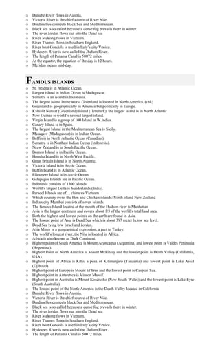 o Danube River flows in Austria.
o Victoria River is the chief source of River Nile.
o Dardanelles connects black Sea and Mediterranean.
o Black sea is so called because a dense fog prevails there in winter.
o The river Jordan flows out into the Dead sea
o River Mekong flows in Vietnam.
o River Thames flows in Southern England.
o River boat Gondola is used in Italy’s city Venice.
o Hydespes River is now called the Jhelum River.
o The length of Panama Canal is 50072 miles.
o At the equator, the equation of the day is 12 hours.
o Meridan means mid-day.
FAMOUS ISLANDS
o St. Helena is in Atlantic Ocean.
o Largest island in Indian Ocean is Madagascar.
o Sumatra is an island in Indonesia.
o The largest island in the world Greenland is located in North America. (chk)
o Greenland is geographically in America but politically in Europe.
o Kalaalit Nunaat (Greenland) Island (Denmark), the largest island is in North Atlantic
o New Guinea is world’s second largest island.
o Virgin Island is a group of 100 Island in W.Indies.
o Canary Island is in Spain.
o The largest Island in the Mediterranean Sea is Sicily.
o Malaqasv (Madagascar) is in Indian Ocean.
o Baffin is in North Atlantic Ocean (Canadian).
o Sumatra is in Northest Indian Ocean (Indonesia).
o Neaw Zealand is in South Pacific Ocean.
o Borneo Island is in Pacific Ocean.
o Honshu Island is in North West Pacific.
o Great Britain Island is in North Atlantic.
o Victoria Island is in Arctic Ocean.
o Baffin Island is in Atlantic Ocean.
o Ellesmere Island is in Arctic Ocean.
o Galapagos Islands are in Pacific Ocean.
o Indonesia consists of 1300 islands.
o World’s largest Delta is Sunderlands (India).
o Paracel Islands are of.... china vs Vietnam
o Which country owns the Hen and Chicken islands: North island New Zealand
o Indian city Mumbai consists of seven islands.
o The famous Island located at the mouth of the Hudson river is Manhattan
o Asia is the largest continent and covers about 1/3 of the world’s total land area.
o Both the highest and lowest points on the earth are found in Asia.
o The lowest point of Asia is Dead Sea which is about 397 meter below sea level.
o Dead Sea lying b/w Israel and Jordan.
o Asia Minor is a geographical expression, a part to Turkey.
o The world’s longest river, the Nile is located in Africa.
o Africa is also known as Dark Continent.
o Highest point of South America is Mount Aconcagua (Argentina) and lowest point is Valdes Peninsula
(Argentina).
o Highest Point of North America is Mount Mckinley and the lowest point is Death Valley (California,
USA).
o Highest point of Africa is Kibo, a peak of Kilimanjaro (Tanzania) and lowest point is Lake Assal
(Djibouti).
o Highest point of Europe is Mount El’brus and the lowest point is Caspian Sea.
o Highest point in Antarctica is Vinson Massif.
o Highest point in Australia is Mount Kosciusko (New South Wales) and the lowest point is Lake Eyre
(South Australia).
o The lowest point of the North America is the Death Valley located in California.
o Danube River flows in Austria.
o Victoria River is the chief source of River Nile.
o Dardanelles connects black Sea and Mediterranean.
o Black sea is so called because a dense fog prevails there in winter.
o The river Jordan flows out into the Dead sea
o River Mekong flows in Vietnam.
o River Thames flows in Southern England.
o River boat Gondola is used in Italy’s city Venice.
o Hydespes River is now called the Jhelum River.
o The length of Panama Canal is 50072 miles.
 