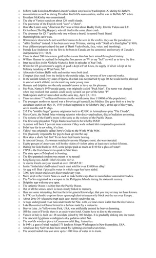 o Robert Todd Lincoln (Abraham Lincoln's oldest son) was in Washington DC during his father's
o assassination as well as during President Garfield's assassination, and he was in Buffalo NY when
o President McKinley was assassinated.
o The city of Venice stands on about 120 small islands.
o The past-tense of the English word "dare" is "durst".
o Don Mac Lean's song "American Pie" was written about Buddy Holly, Ritchie Valens and J.P.
o Richardson (The Big Bopper), who all died in the same plane crash.
o The drummer for ZZ Top (the only one without a beard) is named Frank Beard.
o Hummingbirds can't walk.
o When movie directors do not want their names to be seen in the credits, they use the pseudonym
o "Allen Smithee" instead. It has been used over 50 times, starting with "Death of a Gunfighter" (1969).
o Four different people played the part of Darth Vader (body, face, voice, and breathing).
o Pamela Lee-Anderson was the first to be born in Canada on the centennial anniversary of Canada's
independence (7/1/1967).
o There is about 200 times more gold in the oceans than has been mined throughout history.
o William Shatner is credited for being the first person on TV to say "hell" as well as to have the first
o Inter-racial kiss (with Nichelle Nichols), both in episodes of Star Trek.
o While the US government's supply of gold is kept at Fort Knox, its supply of silver is kept at the
Military Academy at West Point, NY.
o Alexander Graham Bell's wife and mother were both deaf.
o Compact discs read from the inside to the outside edge, the reverse of how a record works.
o In the ancient Greek city-state of Sparta, if a man was not married by age 30, he would not be allowed
to vote or watch athletic events involving nude young men.
o Humans and dolphins are the only animals known to have sex for pleasure.
o Pac-Man, Namco's 1979 arcade game, was originally called "Puck Man". The name was changed
when they realized that vandals could easily scratch out part of the letter "P".
o Shakespeare and Cervantes died on the same day, April 23, 1616.
o There are about 7.7 million millionaires in the world (more than 1/1000th of the population).
o The youngest mother on record was a Peruvian girl named Lina Medina. She gave birth to a boy by
caesarean section on May 14, 1939 (which happened to be Mother's Day), at the age of five years,
seven months and 21 days.
o 255 The "middle finger" gesture originates back to 423 BC in Aristophanes play "The Clouds".
o Marie Curie, the Nobel Prize winning scientist who discovered radium, died of radiation poisoning.
o The volume of the Earth's moon is the same as the volume of the Pacific Ocean.
o The first song played on Virgin Radio was born to be wild by INXS!
o A person will burn 7 percent more calories if they walk on hard dirt compared to pavement.
o Polar bear fur is not white, it's clear.
o Yahoo! was originally called 'Jerry's Guide to the World Wide Web'.
o It is physically impossible for pigs to look up into the sky.
o How does a shark find fish? It can hear their hearts beating.
o In Ancient Greece, if a woman watched even one Olympic event, she was executed.
o Eighty percent of Americans will be the victim of violent crime at least once in their lifetime.
o During the Gold Rush in 1849, some people paid as much as $100 for a glass of water!
o C3PO is the first character to speak in Star Wars.
o The state sport of Maryland is Jousting.
o The first patented condom was meant to be reused!
o King Kong was Adolf Hitler's favorite movie.
o A sneeze travels out your mouth at over 100 M.P.H.!
o Justin Timberlake's half-eaten French toast sold for over $3,000 on eBay!
o An egg will float if placed in water in which sugar has been added.
o 7,000 new insect species are discovered every year.
o More steel in the United States is used to make bottle caps than to manufacture automobile bodies.
o The Yo-Yo originated as a weapon in the Philippine Islands during the sixteenth century.
o Dolphins nap with one eye open.
o The Atlantic Ocean is saltier than the Pacific Ocean.
o Out of all the senses, smell is most closely linked to memory.
o Here are some interesting, but true facts for general knowledge, that you may or may not have known.
o In 1783 an Icelandic eruption threw up enough dust to temporarily block out the sun over Europe .
o About 20 to 30 volcanoes erupt each year, mostly under the sea.
o A huge underground river runs underneath the Nile, with six times more water than the river above.
o Lake Bosumtwi in Ghana formed in a hollow made by a meteorite.
o Beaver Lake , in Yellowstone Park, USA, was artificially created by beaver damming.
o Off the coast of Florida there is an underwater hotel. Guests have to dive to the entrance.
o Venice in Italy is built on 118 sea islets joined by 400 bridges. It is gradually sinking into the water.
o The Ancient Egyptians worshipped a sky goddess called Nut.
o The world's windiest place is Commonwealth Bay, Antarctica.
o In 1934, a gust of wind reached 371 km/h on Mount Washington in New Hampshire, USA.
o American Roy Sullivan has been struck by lightning a record seven times.
o The desert baobab tree can store up to 1000 litres of water in its trunk.
 