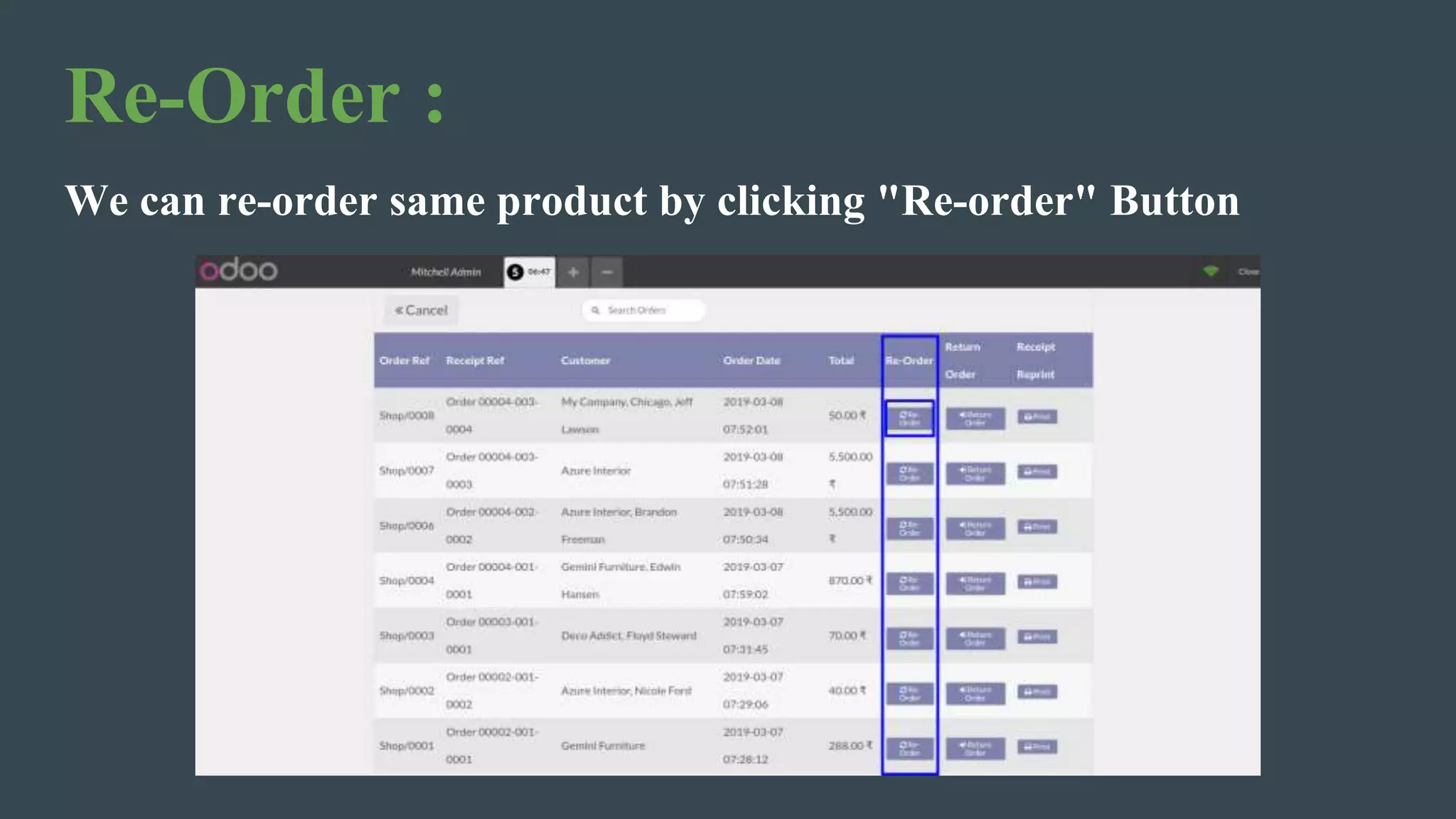 Re-Order :
We can re-order same product by clicking "Re-order" Button
 
