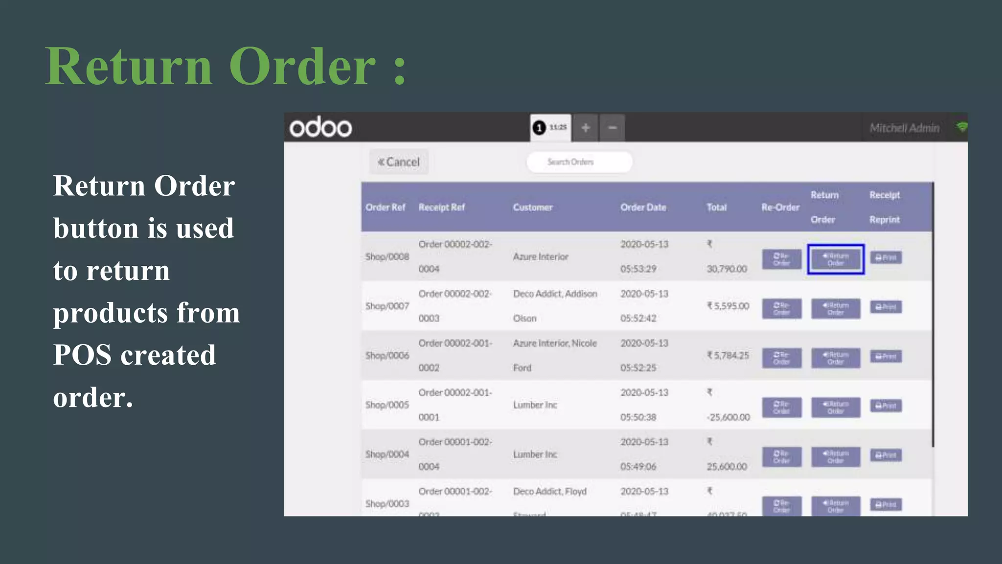 Return Order :
Return Order
button is used
to return
products from
POS created
order.
 