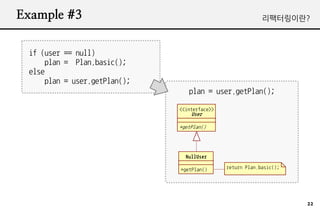 Example #3                                                 ???????



 if (user == null)
     plan = Plan.basic();
 else
     plan = user.getPlan();
                                 plan = user.getPlan();

                              <<interface>>
                                  User

                              +getPlan()




                                NullUser

                              +getPlan()      return Plan.basic();




                                                                     22
 