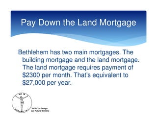 Pay Down the Land Mortgage


Bethlehem has two main mortgages. The
 building mortgage and the land mortgage.
 The land mortgage requires payment of
 $2300 per month. That’s equivalent to
 $27,000 per year.


    “All In” to Design
    our Future Ministry
 