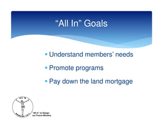 “All In” Goals


                Understand members’ needs

                Promote programs

                Pay down the land mortgage



“All In” to Design
our Future Ministry
 