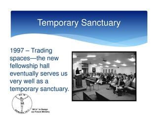 Temporary Sanctuary


1997 – Trading
spaces—the new
fellowship hall
eventually serves us
very well as a
temporary sanctuary.

       “All In” to Design
       our Future Ministry
 
