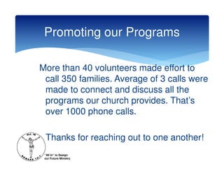 Promoting our Programs

More than 40 volunteers made effort to
 call 350 families. Average of 3 calls were
 made to connect and discuss all the
 programs our church provides. That’s
 over 1000 phone calls.

 Thanks for reaching out to one another!
 “All In” to Design
 our Future Ministry
 