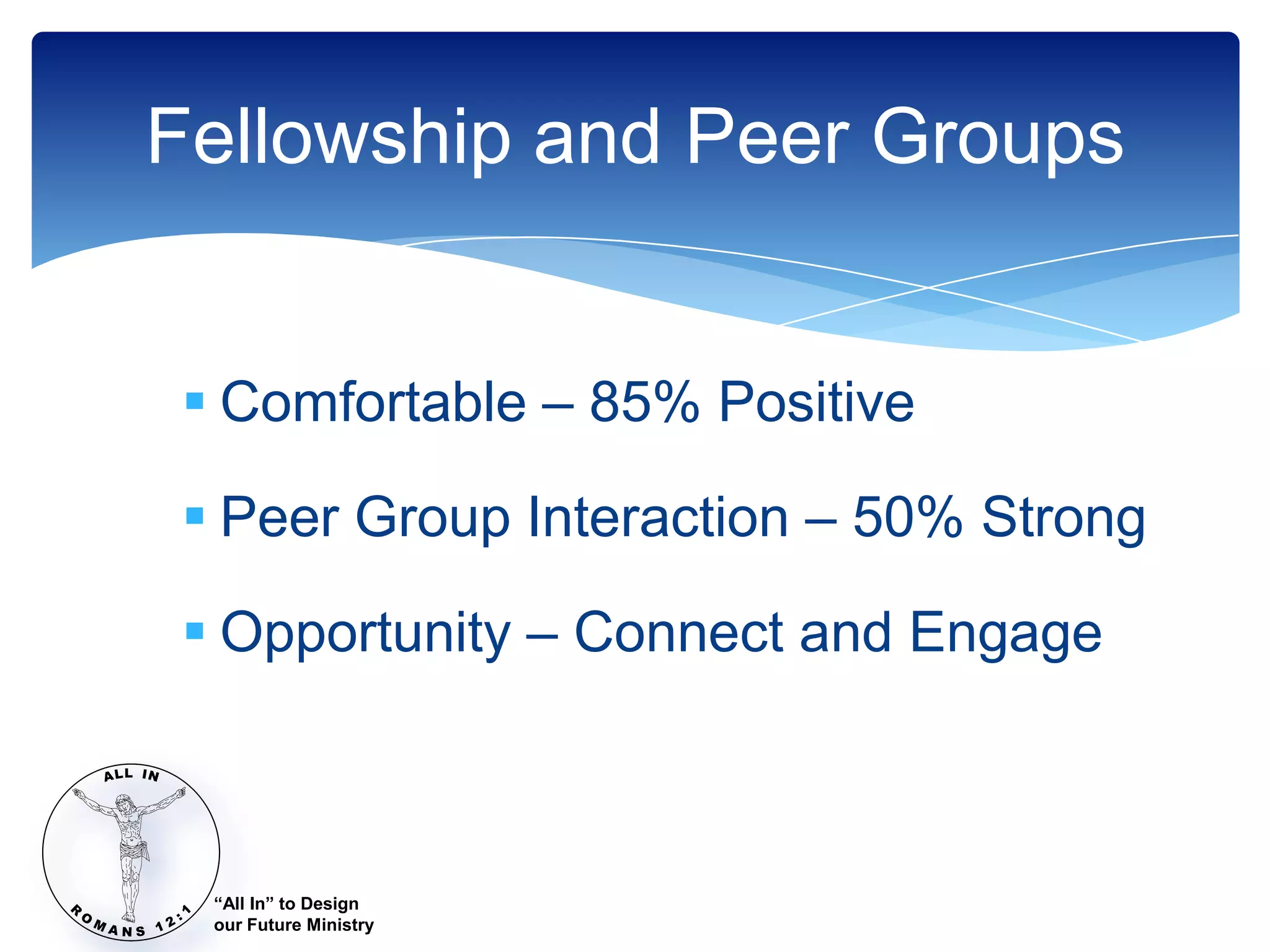 Fellowship and Peer Groups


 Comfortable – 85% Positive

 Peer Group Interaction – 50% Strong

 Opportunity – Connect and Engage



 “All In” to Design
 our Future Ministry
 