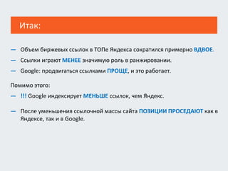 Итак:
— Объем биржевых ссылок в ТОПе Яндекса сократился примерно ВДВОЕ.
— Ссылки играют МЕНЕЕ значимую роль в ранжировании.
— Google: продвигаться ссылками ПРОЩЕ, и это работает.
Помимо этого:
— !!! Google индексирует МЕНЬШЕ ссылок, чем Яндекс.
— После уменьшения ссылочной массы сайта ПОЗИЦИИ ПРОСЕДАЮТ как в
Яндексе, так и в Google.
 
