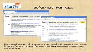 СВОЙСТВА НЕПОТ-ФИЛЬТРА-2015
23
Контрольный документ #2 по запросу с оператором intext: находится ниже, чем по
базовому. Гипотеза о полном обнулении ссылочных динамических факторов не
подтверждается.
 