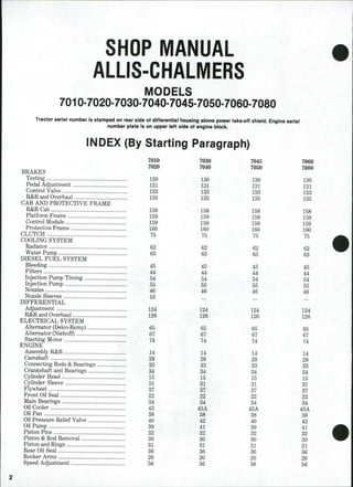 SHOP MANUAL
ALLiS-CHALMERS
IVIODELS
7010-7020-7030-7040-7045-7050-7060-7080
Tractor serial number is stamped on rear side of differentlai housing above power take-off shield. Engine seriai
number plate is on upper ieft side of engine isiock.
iNDEX (By Starting Paragraph)
7010 7030 7045 7060
BRAKES ' ' ' ' '''' ' ' ' ' '
Testing 130 130 130 130
Pedal Adjustment 131 131 131 131
Control Valve 133 133 133 133
R&R and Overhaul 135 135 135 135
CAB AND PROTECTIVE FRAME
I^&RCab 158 158 158 158
Platform Frame 159 159 159 159
Control Module 159 / 159 159 159
Protective Frame 160 ^ 160 160 160
CLUTCH 75 75 75 75
COOLING SYSTEM
Radiator 62 62 62 62
Water Pump 63 63 63 63
DIESEL FUEL SYSTEM -
Bleeding 45 45 45 45
Filters 44 - 44 44 44
Injection Pump Timing 54 54 54 54
Injection Pump 55 55 55 55
Nozzles.. 46 . 46 46 46
Nozzle Sleeves 53
DIFFERENTIAL
Adjustment 124 124 124 124
R&R and Overhaul 126 126 126 126
ELECTRICAL SYSTEM
Alternator (Delco-Remy) 65 65 - 65 65
Alternator (Niehoff) 67 67 ' 6 7 67
Starting Motor 74 74 74 74
ENGINE
Assembly R&R 14 14 14 14
Camshaft 28 28 28 28
Connecting Rods & Bearings 33 33 33 33
Crankshaft and Bearings 34 34 34 34
Cylinder Head 15 15 15 15
Cylinder Sleeve 3I 31 31 31
Flywheel 37 37 37 37
Front Oil Seal 22 22 22 22
Main Bearings 34 34 §4 34
Oil Cooler 43 43A 48A 43A
Oil Pan 38 38 S8 38
Oil Pressure Relief Valve 40 42 40 42
Oil Pump 39 41 39 41
Piston Pins 32 32 82 32
Piston & Rod Removal 30 30 30 30
Piston and Rings 31 31 31 31
RearOilSeal 36 36 ' 36 36
Rocker Arms 20 • 20 20 20
Speed Adjustment 56 56 ^ 56 56
 