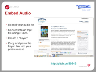 Embed Audio  <ul><li>Record your audio file </li></ul><ul><li>Convert into an mp3 file using iTunes </li></ul><ul><li>Crea...