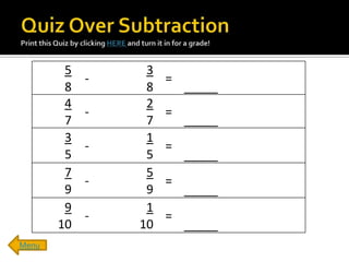 5        3
            -        =
        8        8       _____
        4        2
            -        =
        7        7       _____
        3        1
            -        =
        5        5       _____
        7        5
            -        =
        9        9       _____
        9        1
            -        =
       10       10       _____
Menu
 