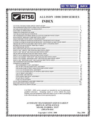 INDEX
Copyright © ATSG 2000 May, 2000
ALLISON 1000/2000 SERIES
CAUTION: ATSG service manuals are intended for use by professional,
qualified technicians. Attempting repairs or service without the proper
training, tools and equipment could cause injury to you or others and damage
tothevehiclethatmaycauseitnottooperateproperly.
CLUTCHAND SOLENOIDAPPLICATION CHART........................................................................................... 4
TRANSMISSION IDENTIFICATION TAGINFORMATION .............................................................................. 5
GENERALDESCRIPTIONAND OPERATION .................................................................................................... 6
ELECTRICAL OPERATION ................................................................................................................................... 9
THROTTLEPOSITION SENSOR .............................................. ........................................................................... 10
NEUTRALSTARTBACKUPSWITCH................................................................................................................. 11
TRANSMISSION CONTROLMODULE CONNECTORIDENTIFICATION.................................................... 12
DIAGNOSTIC TROUBLECODEIDENTIFICATION......................................................................................... 14
SOLENOID IDENTIFICATIONANDOPERATION............................................................................................. 16
INTERNALWIRING HARNESS SCHEMATICANDRESISTANCECHART................................................... 18
EXTERNALWIRING HARNESSSCHEMATICANDTERMINALIDENTIFICATION................................... 19
PRESSURE SWITCHASSEMBLYIDENTIFICATIONANDOPERATION....................................................... 20
RETRIEVING DIAGNOSTIC TROUBLECODES ................................................................................................ 22
LINEPRESSURE TESTS................................................... ................................................................................... 23
BELLHOUSING OILPASSAGE IDENTIFICATION......................................................................................... 24
MAIN CASE"FRONT" OILPASSAGE IDENTIFICATION.............................................................................. 26
MAIN CASE"REAR"OILPASSAGE IDENTIFICATION................................................................................. 27
OILPUMPCOVEROILPASSAGE IDENTIFICATION..................................................................................... 29
SHIFTVALVEBODYOILPASSAGE IDENTIFICATION................................................................................. 31
MAIN VALVEBODY"TOPVIEW" OILPASSAGE IDENTIFICATION.......................................................... 32
MAIN VALVEBODY"BOTTOMVIEW" OILPASSAGE IDENTIFICATION................................................ 33
MAIN CASE"BOTTOMVIEW" OILPASSAGE IDENTIFICATION............................................................... 35
TRANSMISSION DISASSEMBLYPROCESS ...................................................................................................... 36
COMPONENT REBUILD
TRANSMISSION CASE ASSEMBLY .............................................................................................................. 53
OIL PUMP AND BELLHOUSING ASSEMBLY ............................................................................................ 55
FOUR DIFFERENT BELL HOUSINGS IDENTIFICATION ...................................................................... 66
C1/C2 CLUTCH HOUSING ASSEMBLY ....................................................................................................... 68
C1/C2 CLUTCH HOUSING SNAP RING IDENTIFICATION ..................................................................... 72
VALVE BODY ASSEMBLY ............................................................................................................................. 80
SOLENOID AIR CHECKS ............................................................................................................................... 83
EXTENSION HOUSING ASSEMBLY ............................................................................................................. 91
GEAR TRAIN PARTS ....................................................................................................................................... 96
CASE CLUTCH PARTS .................................................................................................................................... 100
FINALTRANSMISSIONASSEMBLYPROCESS ................................................................................................ 102
BOLTIDENTIFICATIONCHART........................................................................................................................ 119
TORQUE SPECIFICATIONCHART.................................................................................................................... 120
AUTOMATIC TRANSMISSION SERVICE GROUP
18639 S.W. 107TH AVENUE
MIAMI, FLORIDA 33157
(305) 670-4161
BACK
BACK
BACK
GO TO PAGE
 