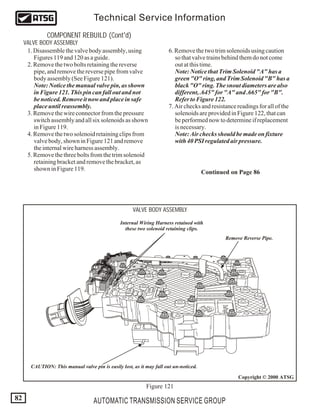 AUTOMATIC TRANSMISSION SERVICE GROUP
Technical Service Information
82
Copyright © 2000 ATSG
Figure 121
VALVE BODY ASSEMBLY...