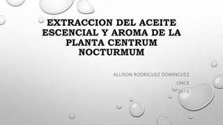 EXTRACCION DEL ACEITE
ESCENCIAL Y AROMA DE LA
PLANTA CENTRUM
NOCTURMUM
ALLISON RODRIGUEZ DOMINGUEZ
ONCE
2016
 