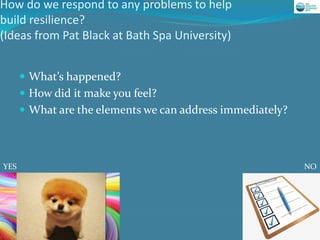 How do we respond to any problems to help
build resilience?
(Ideas from Pat Black at Bath Spa University)
 What’s happened?
 How did it make you feel?
 What are the elements we can address immediately?
YES NO
 