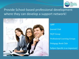 Provide School-based professional development
where they can develop a support network!
15MF
Journal Club
NQT Group
Professional Learning Groups
Pedagogy Book Club
Subject Specific is so important!
 